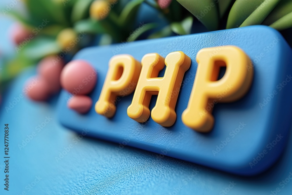 Poster a close-up of a colorful 3d representation of the php programming language logo, featuring yellow le