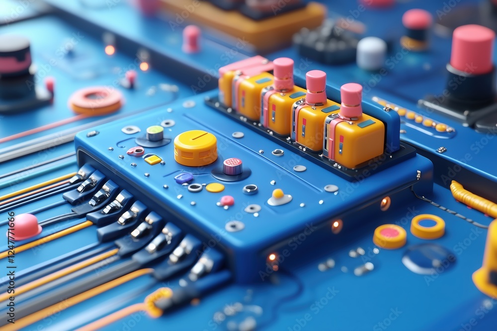 Poster a close-up view of a colorful electronic circuit board featuring various buttons, knobs, and connect