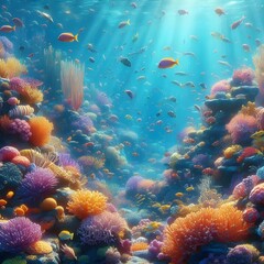 Fototapeta premium Colorful Coral Reef Teeming with Marine Life, Diverse Fish Species, Sea Fans, and Ocean Floor Landscapes, Showcasing the Beauty and Diversity of Underwater Ecosystems, Perfect for Editorial.