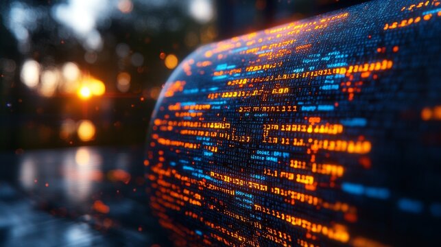 Vibrant Coding Data Stream with Sunset Background