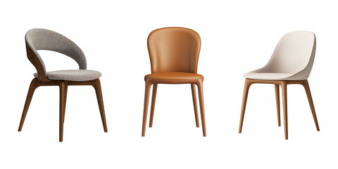 Modern Chair Collection: Three stylish and contemporary chairs in different upholstery colors (gray, brown, beige) showcase elegant design and comfort.  These chairs are perfect for dining rooms.