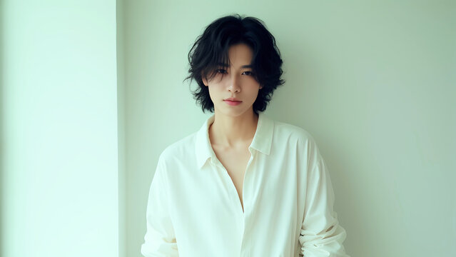 Androgynous South Asian Model with Wavy Hair in Oversized White Shirt Against Pastel Green Background

 - Powered by Adobe