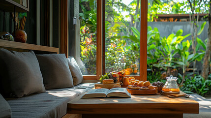 Fototapeta premium Serene Indoor Seating Area with Large Window Overlooking a Lush Garden Landscape