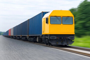 Obraz premium A yellow train is traveling down the tracks with a blue cargo car in the middle