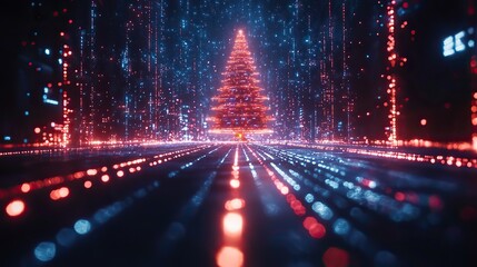 Glitching digital Christmas tree on a cyberpunk background. Retro futurism, 80s, 90s aesthetic.