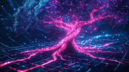 Glowing digital tree, network background, futuristic concept, website banner