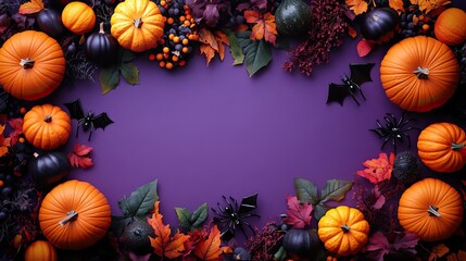 Halloween decorations top view photo of small pumpkins, spiders, cats and bats silhouettes on violet background with empty space.