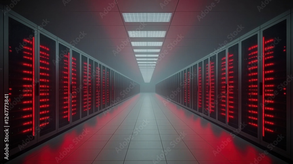 Poster a futuristic data center with sleek red-lit server rows.