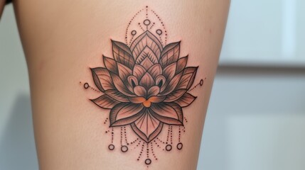 Close-up of a brown and black lotus flower tattoo on a person's thigh.