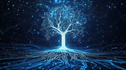 Digital tree, glowing roots, dark background, technology concept, website banner