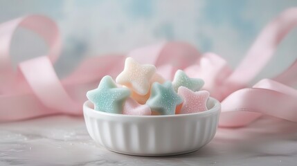 Pastel star-shaped candies in a white bowl with pink ribbon.