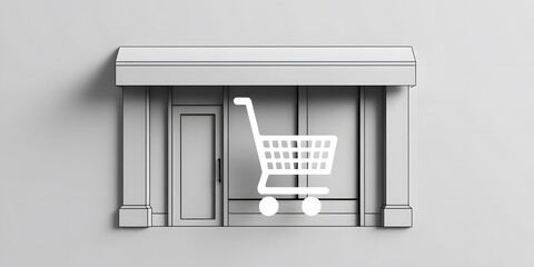 A clean and modern shopping icon showing a stylized storefront facade combined with a shopping cart overlay, with smooth lines and a monochrome color scheme5