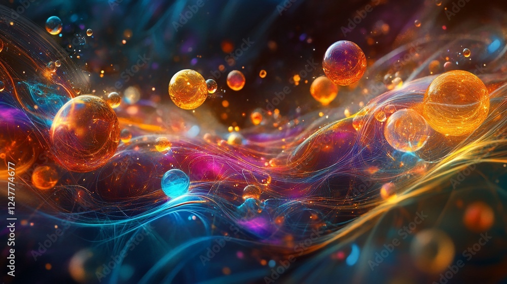 Poster abstract universe of floating orbs and luminous lines flowing through space