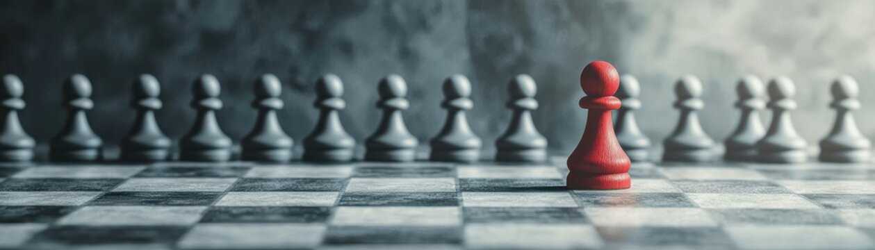 A solitary red pawn stands out among gray chess pieces.