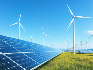 Solar panels windmills generate renewable energy in a green grassy field against a clear blue sky