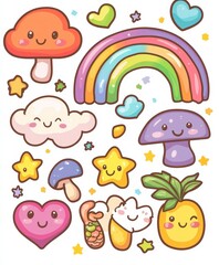 Cute Cartoon Mushrooms, Rainbow, Hearts, and Stars in Playful Design