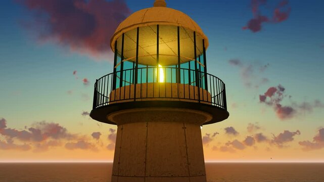 Aerial photography of a lighthouse lighting up the sea at sunset