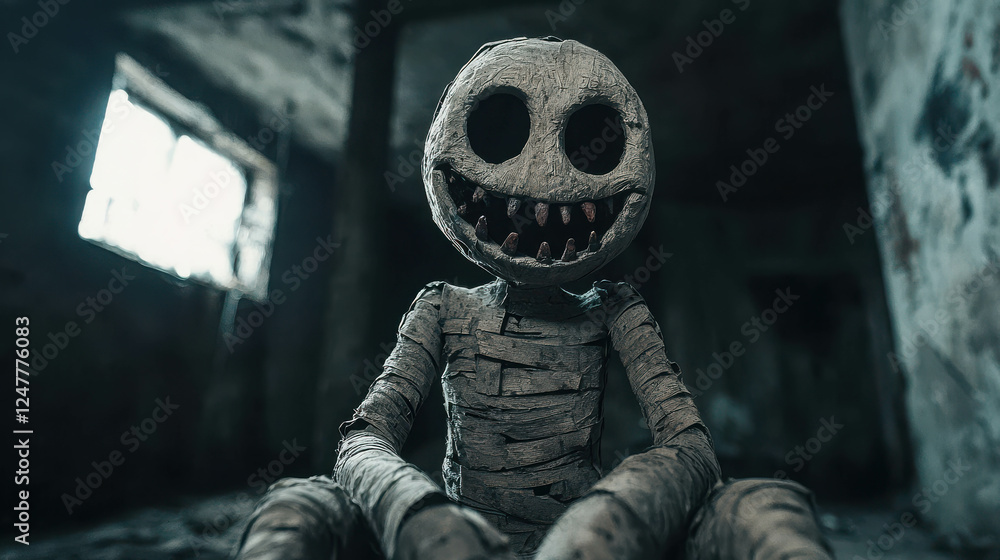 Poster twisted puppet with sinister design in dark abandoned room setting