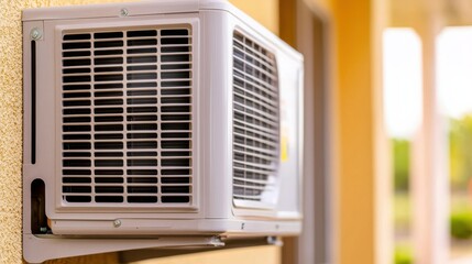 An external air conditioning unit mounted on a wall.