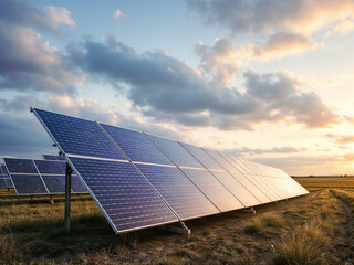 Solar panels generate clean energy under a partly cloudy sky at dusk in a field