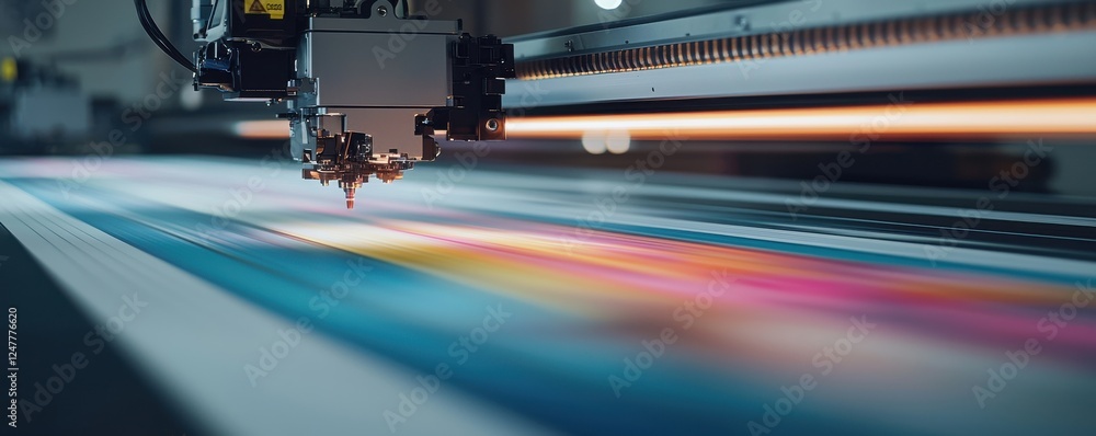 Poster close-up of a high-speed printing machine in action.