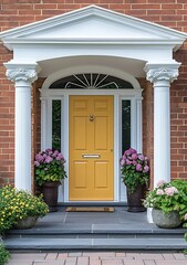 Front door in Dublin, yellow front doors with white columns and arches, flower pots on the sides of the entrance, red brick wall background, stock photo, natural light