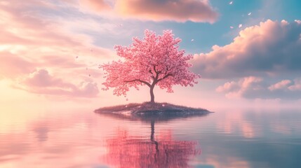 Pink tree island sunrise, calm water, peaceful scene, nature backdrop