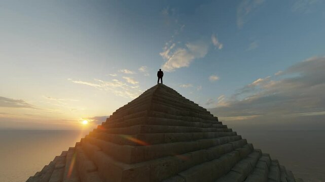 The back view of a successful person in society standing at the top of the pyramid