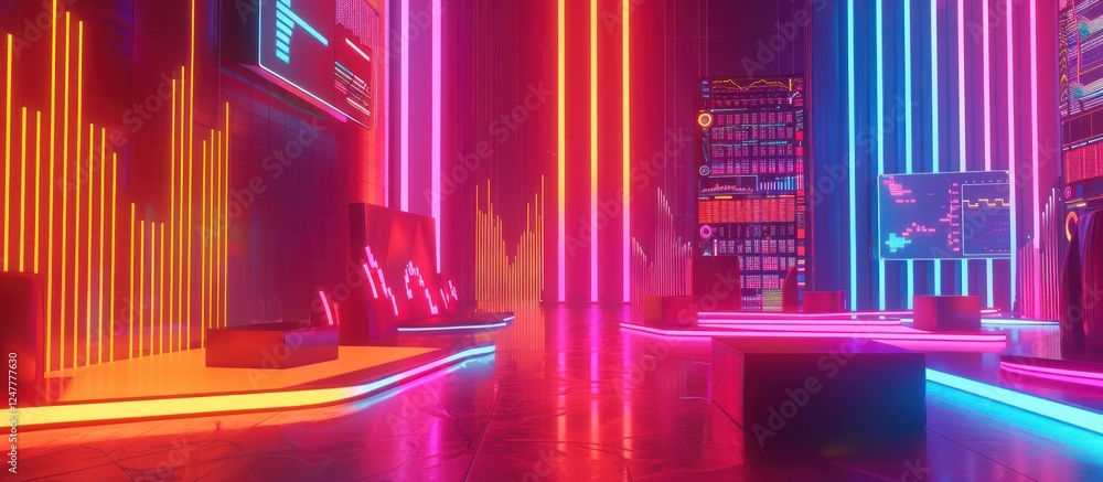 Poster neon-lit futuristic trading room with glowing screens displaying data and charts.