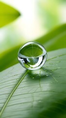 A single crystal-clear droplet of water resting on a green leaf, with a blurred natural background and breathing space11