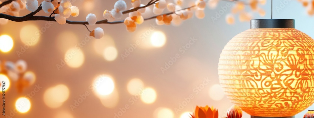 Poster warm glowing lantern amidst cherry blossom branch and soft bokeh background in serene setting