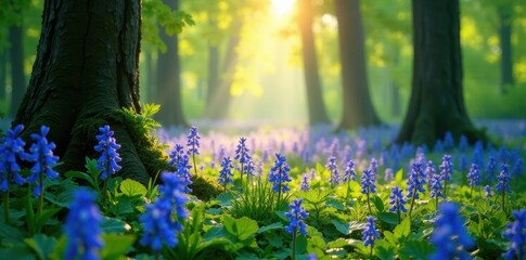 Gentle light pours through canopy of bluebells, illuminating dewy leaves and ferns , foliage, greenery, ferns