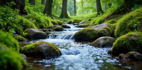Fototapeta premium Gentle mountain stream flowing over moss-covered stones in a serene valley, stone, scenery, water
