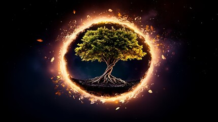 A vibrant tree with glowing roots surrounded by a fiery circular aura in a cosmic setting