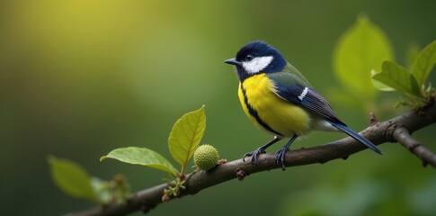 Fototapeta premium Great Tit perched on a branch beside the fat ball, forest, outdoor, nature