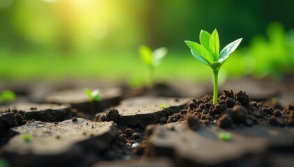 Fototapeta premium Green shoots emerging from cracked earth in a revitalized ecosystem, desertification reversal, natural regeneration, vegetation renewal