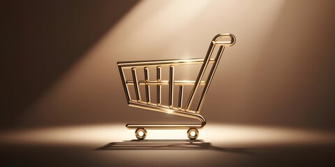 A sophisticated online marketplace icon with a shopping cart designed from golden geometric lines, accented by soft glowing highlights to symbolize elegance and quality13