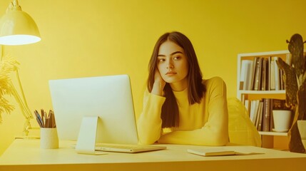 yellow aesthetic woman working at desk with laptop