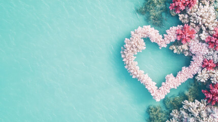 A heart-shaped coral reef in tranquil turquoise water. Pink and white coral create a romantic scene.