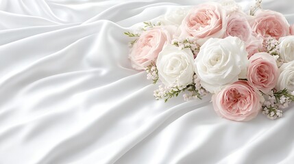 Delicate pink and white roses on white satin