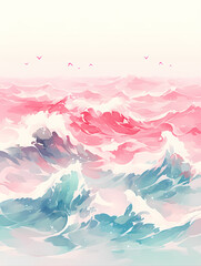 Pastel pink and teal ocean waves create a dreamy, serene seascape. Soft colors and gentle movement evoke tranquility.