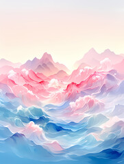 Dreamlike landscape of pastel pink and blue mountains and waves. Serene and ethereal digital art.