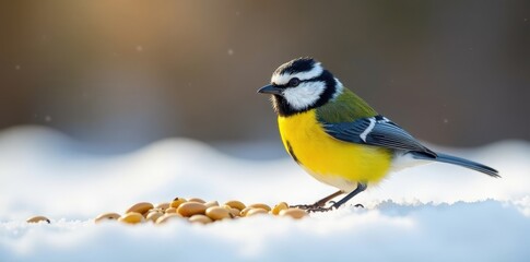 Obraz premium Small bird tomtit eating sunflower seeds on snow-covered ground , feeding, winter, snow
