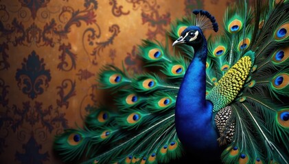 Fototapeta premium Sleek and colorful peacock feathers against a sumptuous luxurious backdrop, opulence, feathers, decorative
