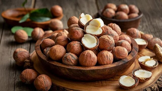 A mix of whole and halved macadamia nuts in a wooden dish