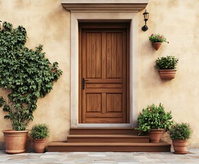 Front door of a house with potted plants and stairs, stock photo contest winner