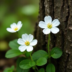Snowy white hepatica blooms on tree trunks in a Swedish forest , snowflakes, winter white, blooming plants
