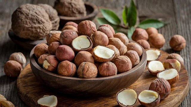 A mix of whole and halved macadamia nuts in a wooden dish