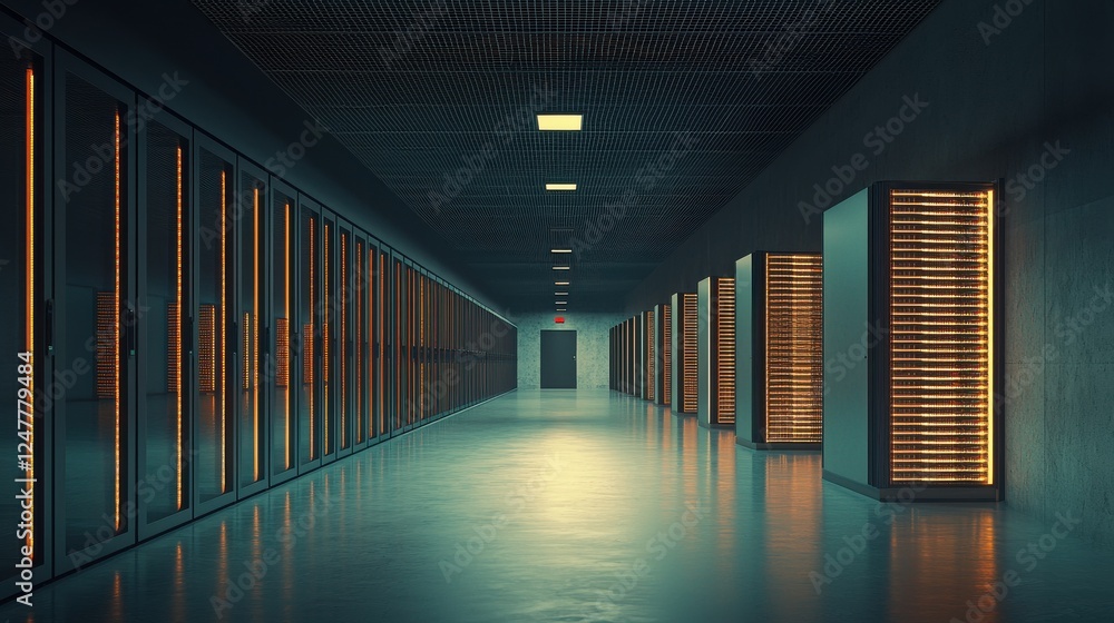 Poster futuristic data center corridor with illuminated server racks.