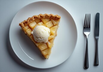 Delicious slice of apple pie with creamy vanilla ice cream served on a white plate alongside two stainless steel forks for a delightful dessert experience